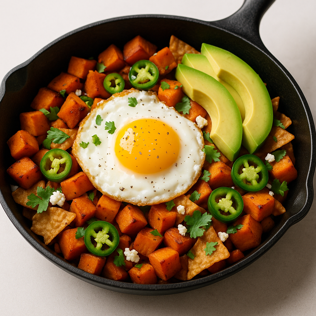 Sweet Potato Chilaquiles-Style Skillet with Fried Egg
