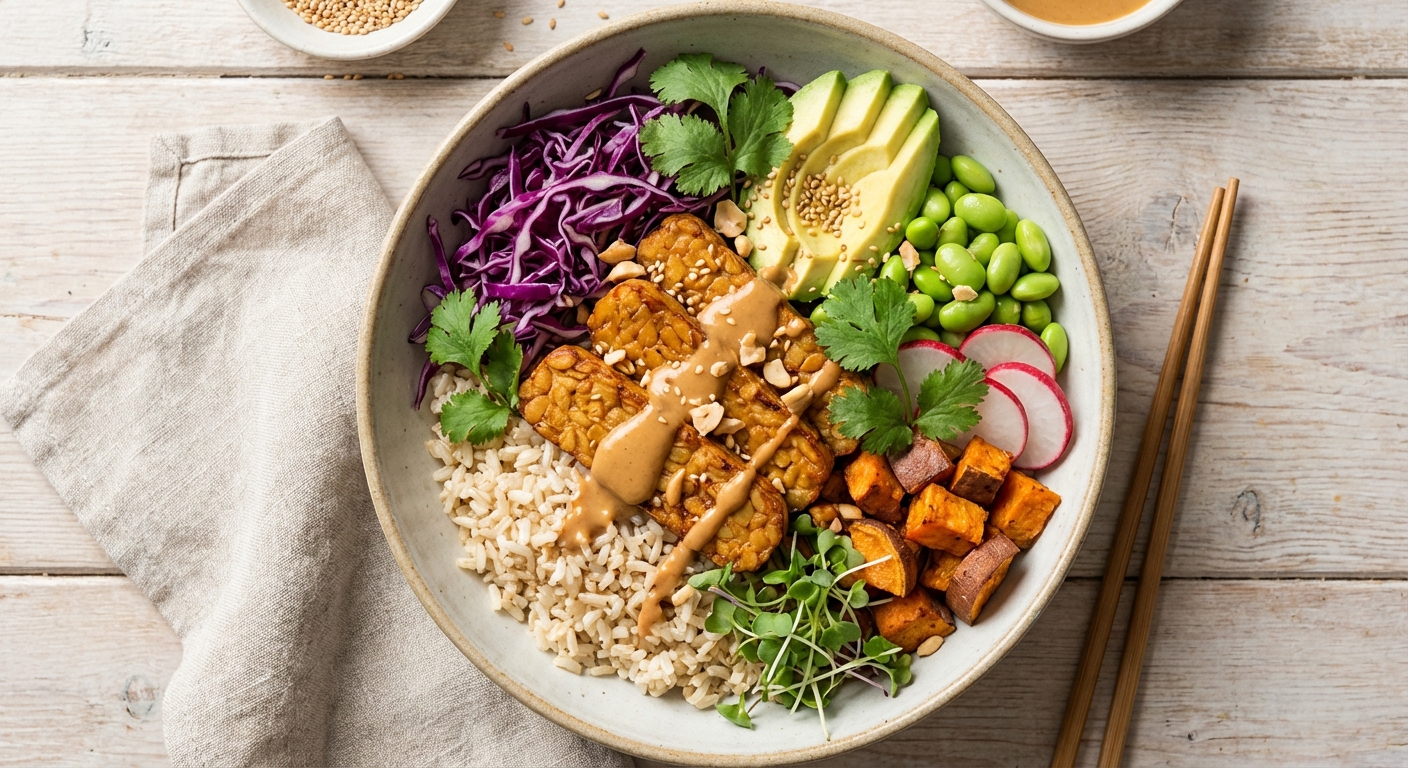 Buddha Bowl with Brown Rice, Roasted Tempeh & Peanut Sauce