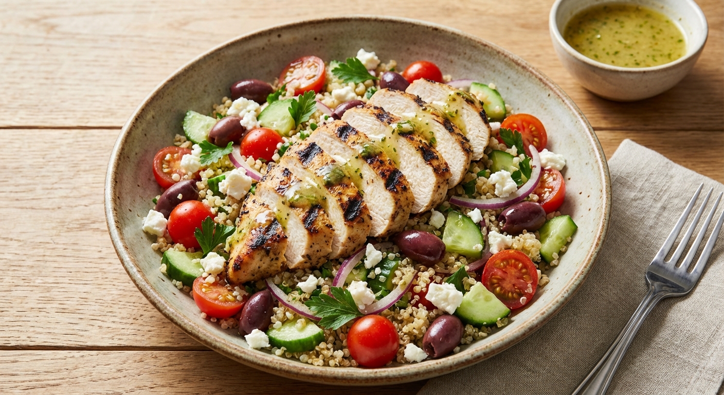 Mediterranean Quinoa & Grilled Chicken Salad with Feta