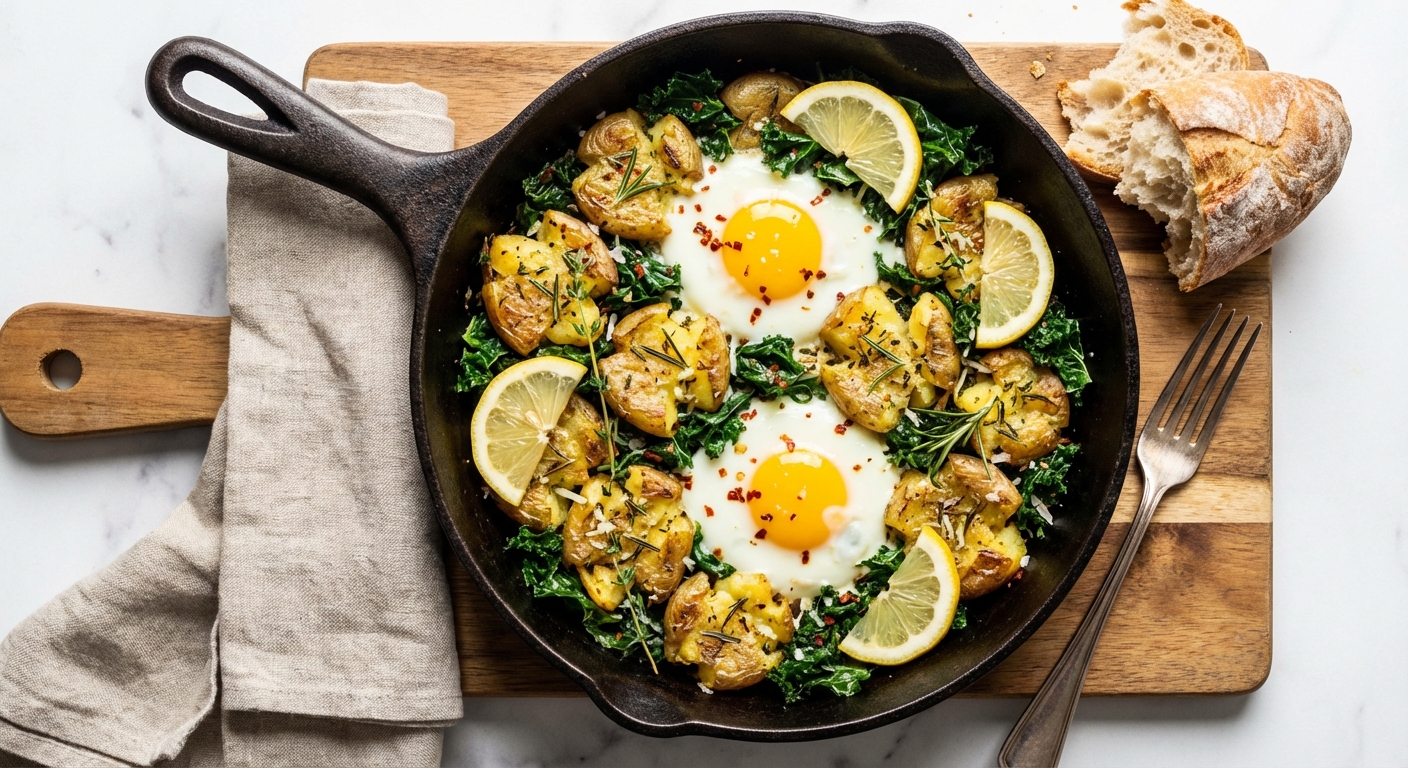 Skillet Baked Eggs with Crispy Smashed Herbed Potatoes, Wilted Kale & Lemon