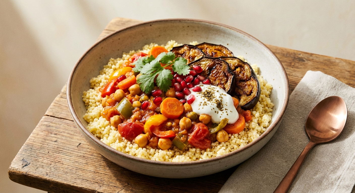 Moroccan Chickpea & Vegetable Stew with Millet and Roasted Eggplant