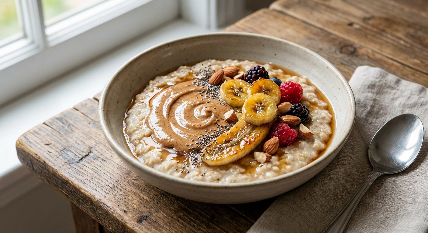 Warm Oatmeal with Almond Butter, Banana & Chia (Egg-Free)