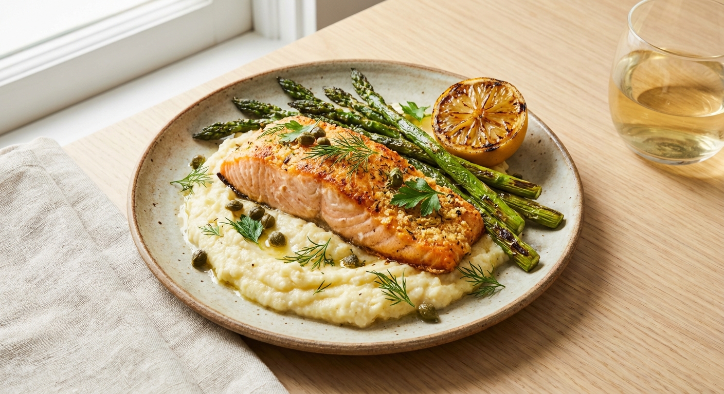 Baked Salmon with Roasted Asparagus & Lemon-Cauliflower Mash