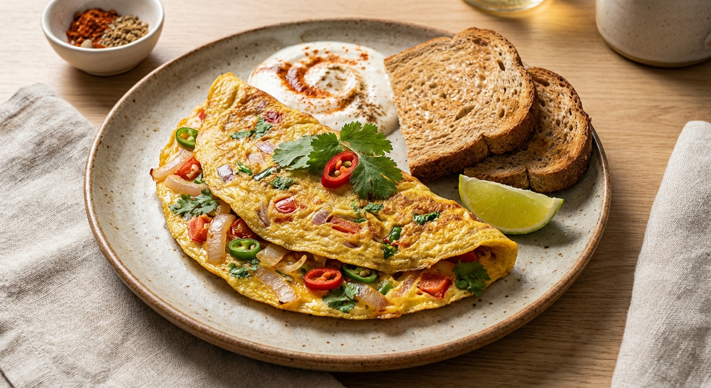 Masala Omelette with Spiced Yogurt & Whole-Wheat Toast