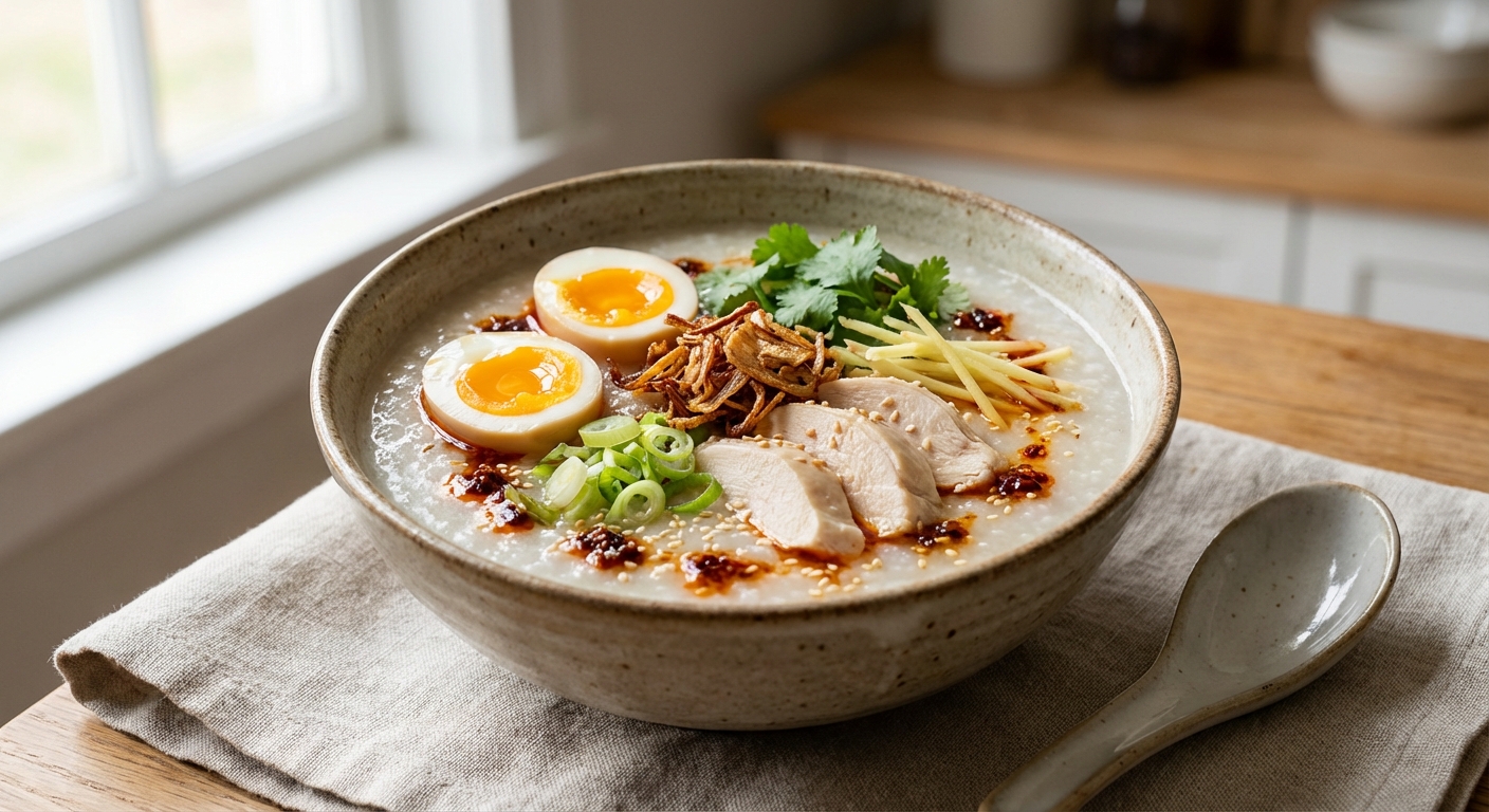 Savory Chicken Congee with Soft-Boiled Eggs