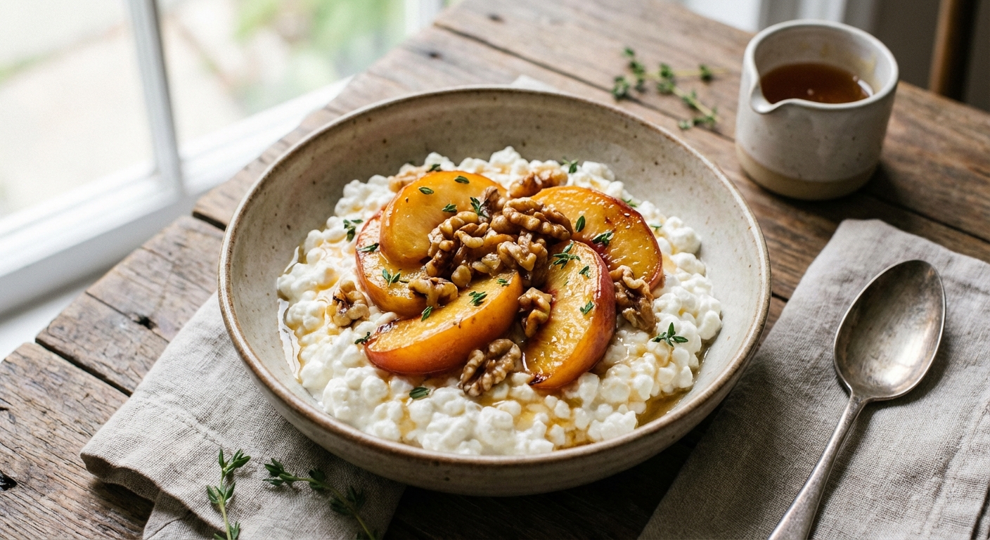 Cottage Cheese with Sliced Peaches & Walnuts