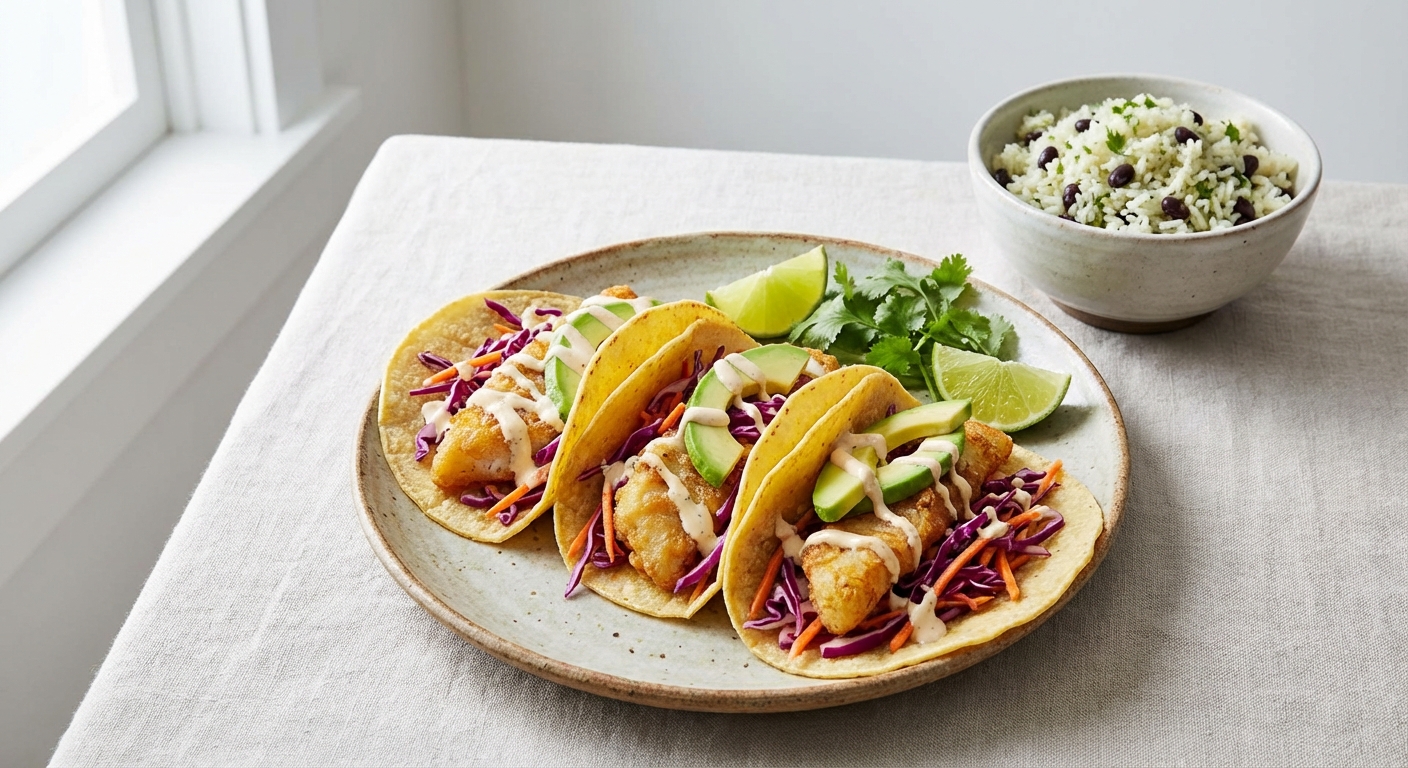 Fish Tacos with Slaw and Cilantro-Lime Rice