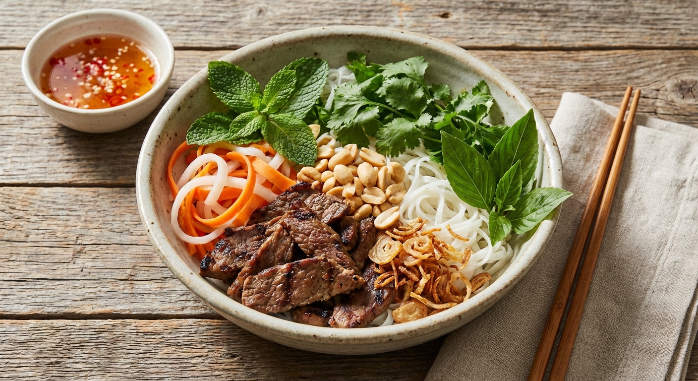 Vietnamese-Style Lemongrass Beef Rice-Noodle Bowl with Pickled Carrot & Chili-Lime Dressing