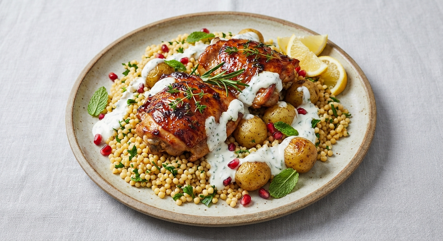 Balsamic-Roasted Chicken Thighs with Herbed Israeli Couscous, New Potatoes & Mint-Yogurt Drizzle