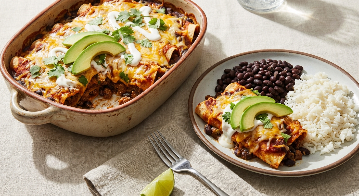 Beef Enchilada Casserole with Black Beans & Rice