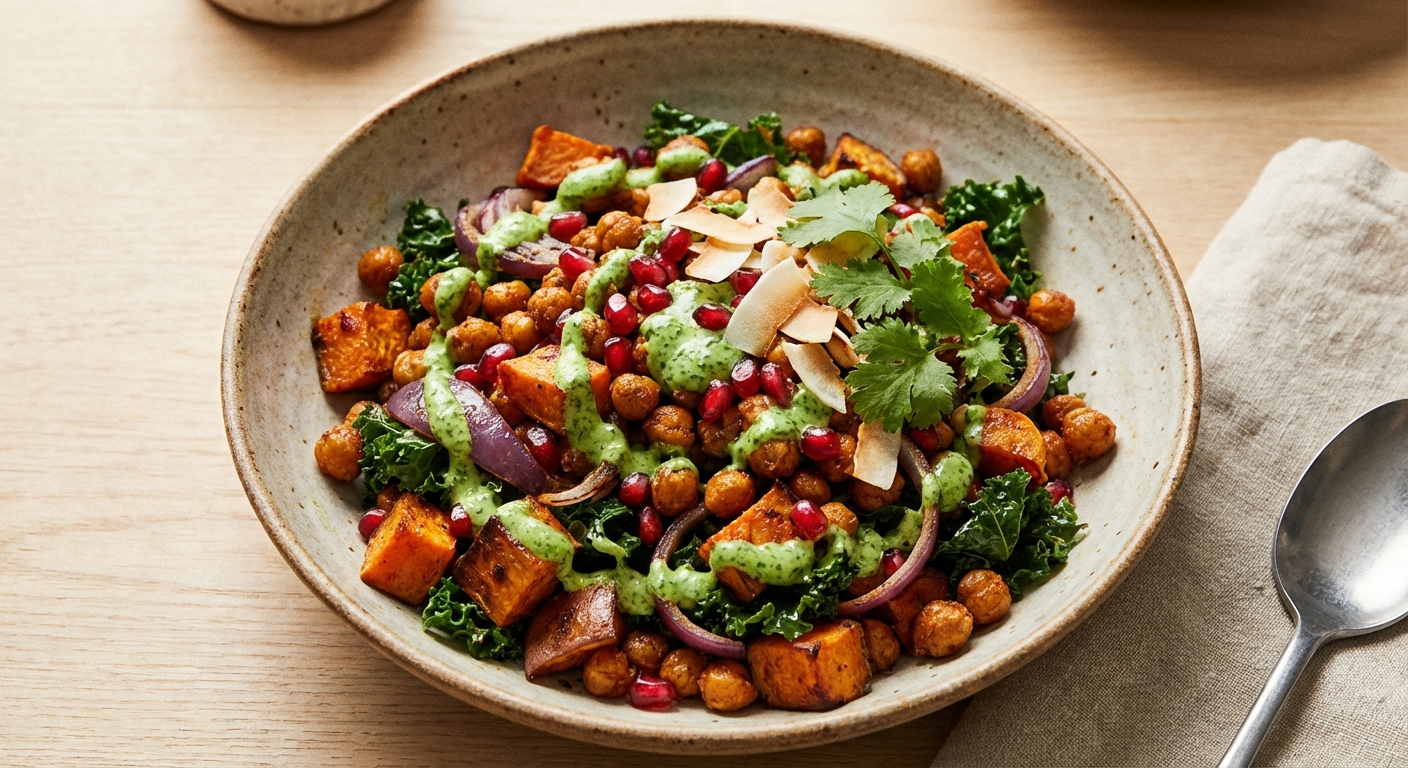 Spiced Chickpea & Sweet Potato Hash with Cilantro-Coconut Drizzle