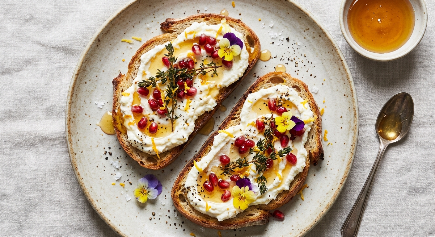 Citrus Ricotta Toast with Honey, Pomegranate & Crispy Thyme
