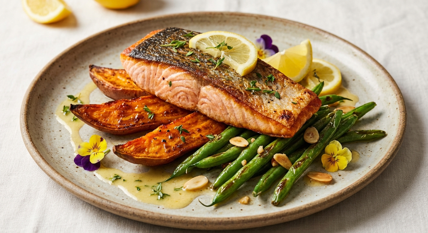 Pan-seared Salmon with Roasted Sweet Potato & Green Beans