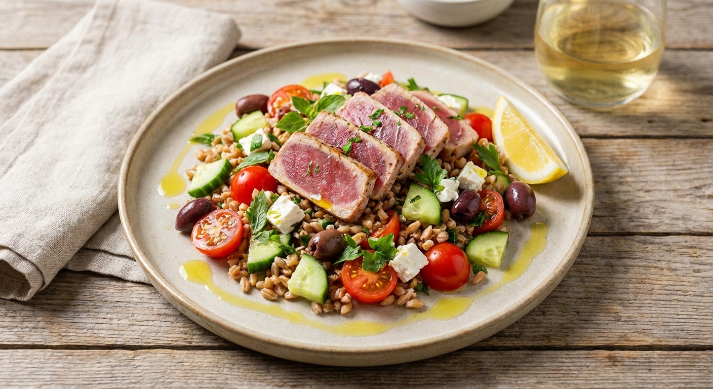 Mediterranean Farro Salad with Tuna