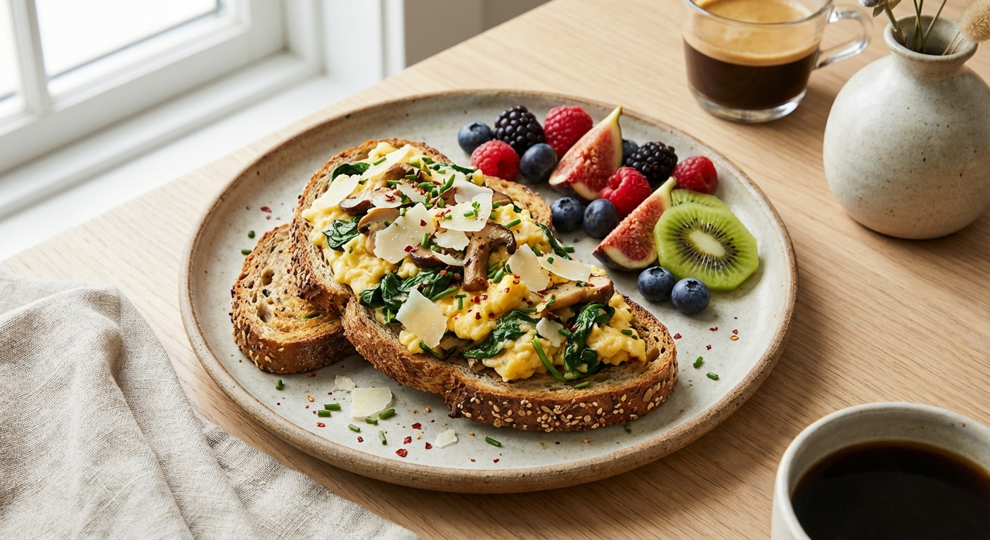 Spinach & Mushroom Scrambled Eggs on Whole-Grain Toast with Fruit