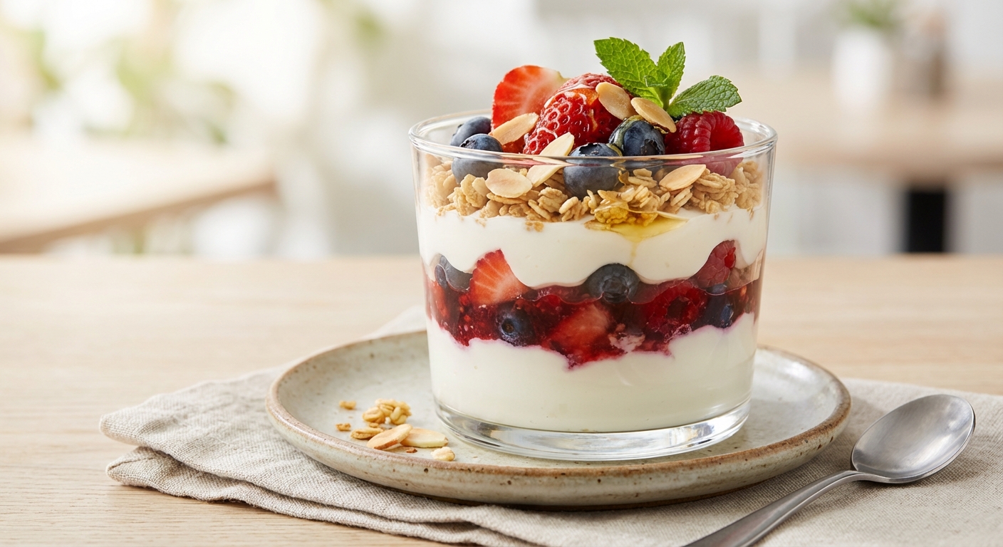 Greek Yogurt Berry Parfait with Granola & Almonds