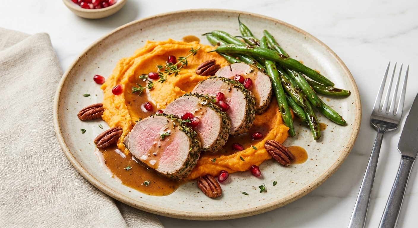Roasted Pork Tenderloin with Sweet Potato Mash and Sautéed Green Beans