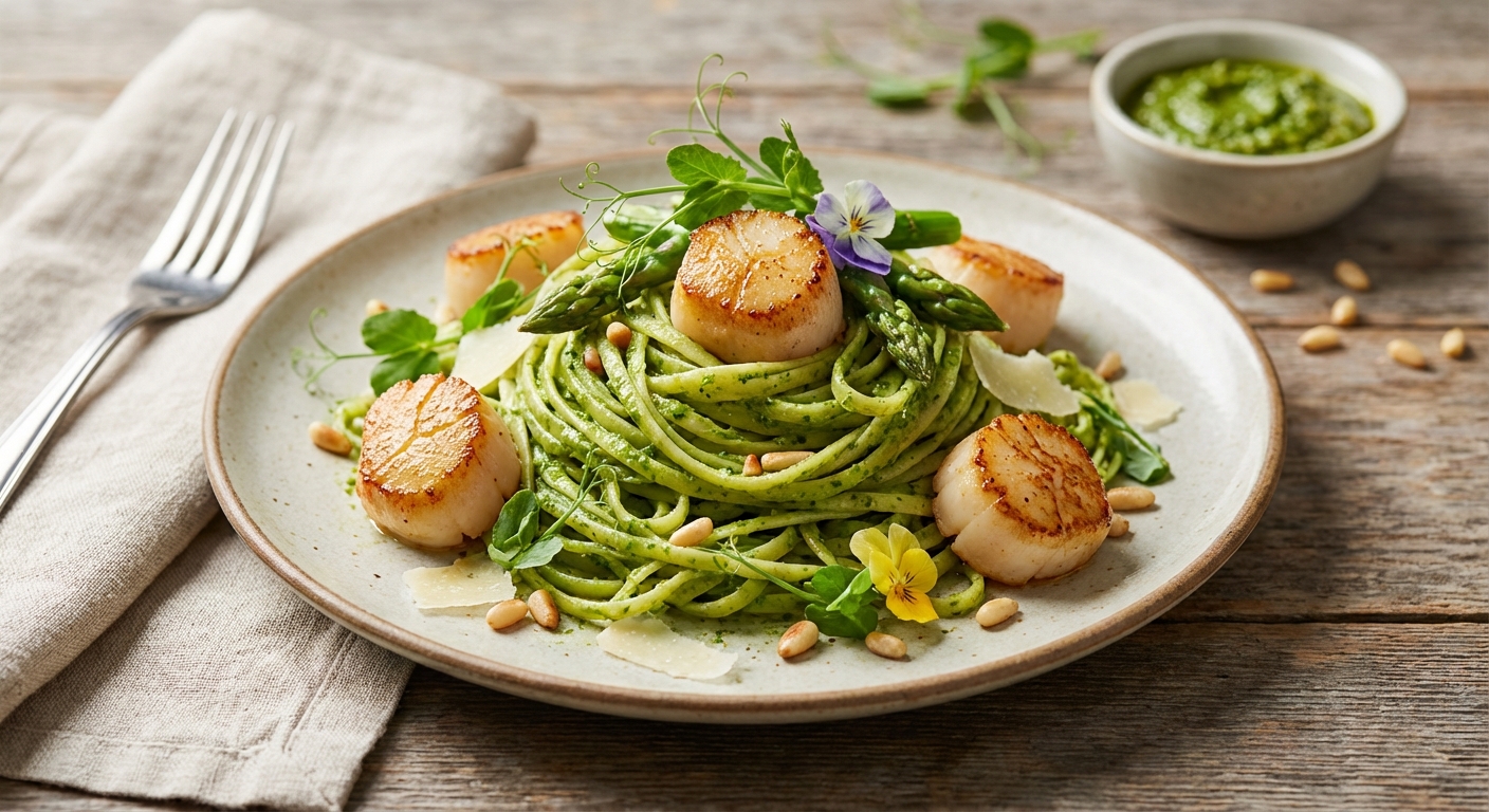 Spring Pesto Gluten-Free Linguine with Pan-Seared Scallops & Asparagus