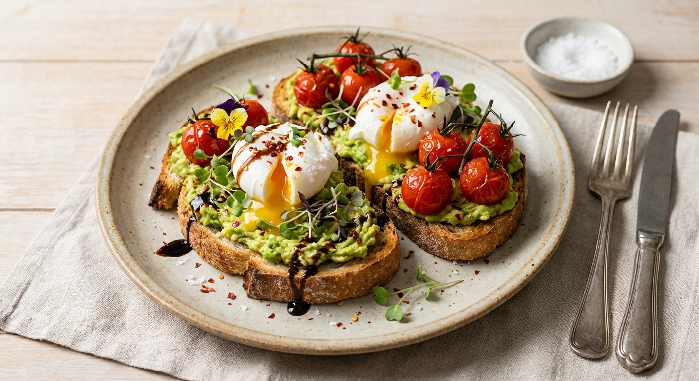 Avocado Toast with Poached Eggs & Cherry Tomatoes