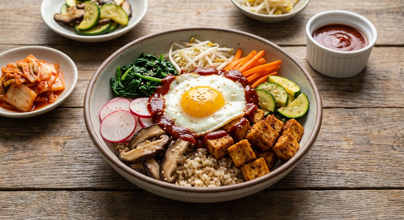 Vegetarian Bibimbap with Seasoned Tofu and Brown Rice