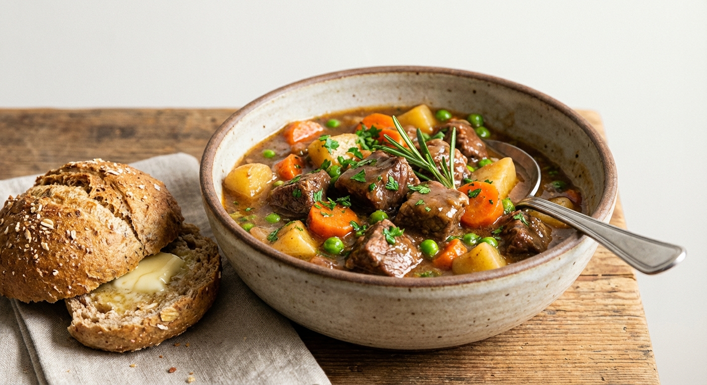 Hearty Beef & Vegetable Stew with Warm Whole-Grain Roll