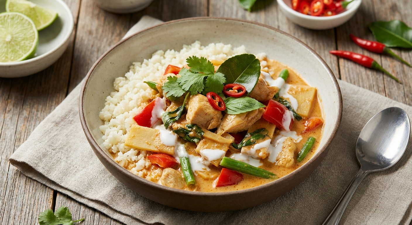 Thai-Style Red Coconut Chicken Curry with Mixed Vegetables over Cauliflower Rice