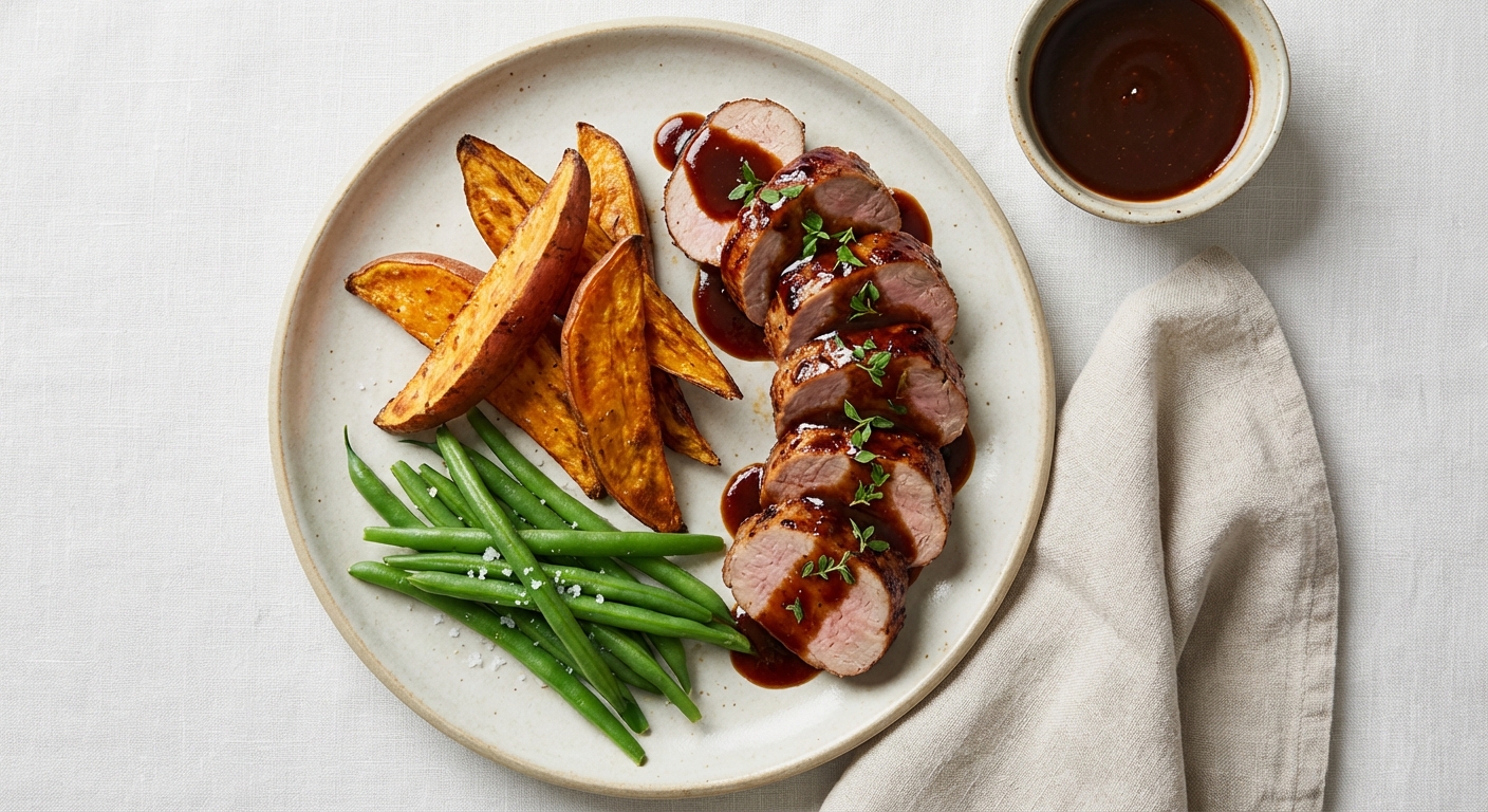 BBQ Pork Tenderloin with Roasted Sweet Potatoes & Green Beans
