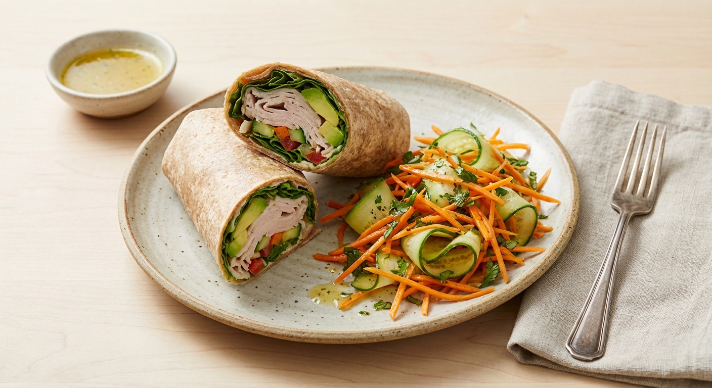 Turkey & Avocado Whole-Wheat Wrap with Carrot–Cucumber Lemon Vinaigrette Salad