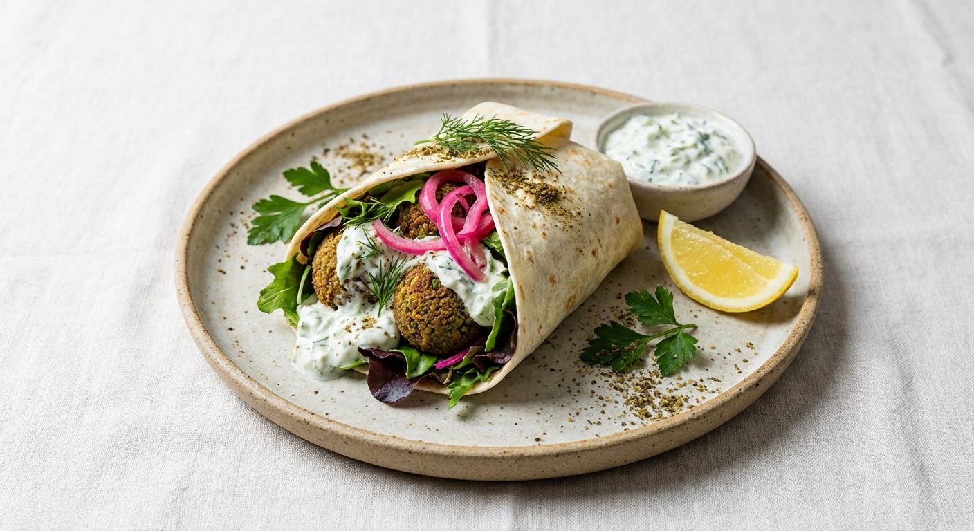 Falafel Wrap with Tzatziki, Mixed Greens & Pickled Onions
