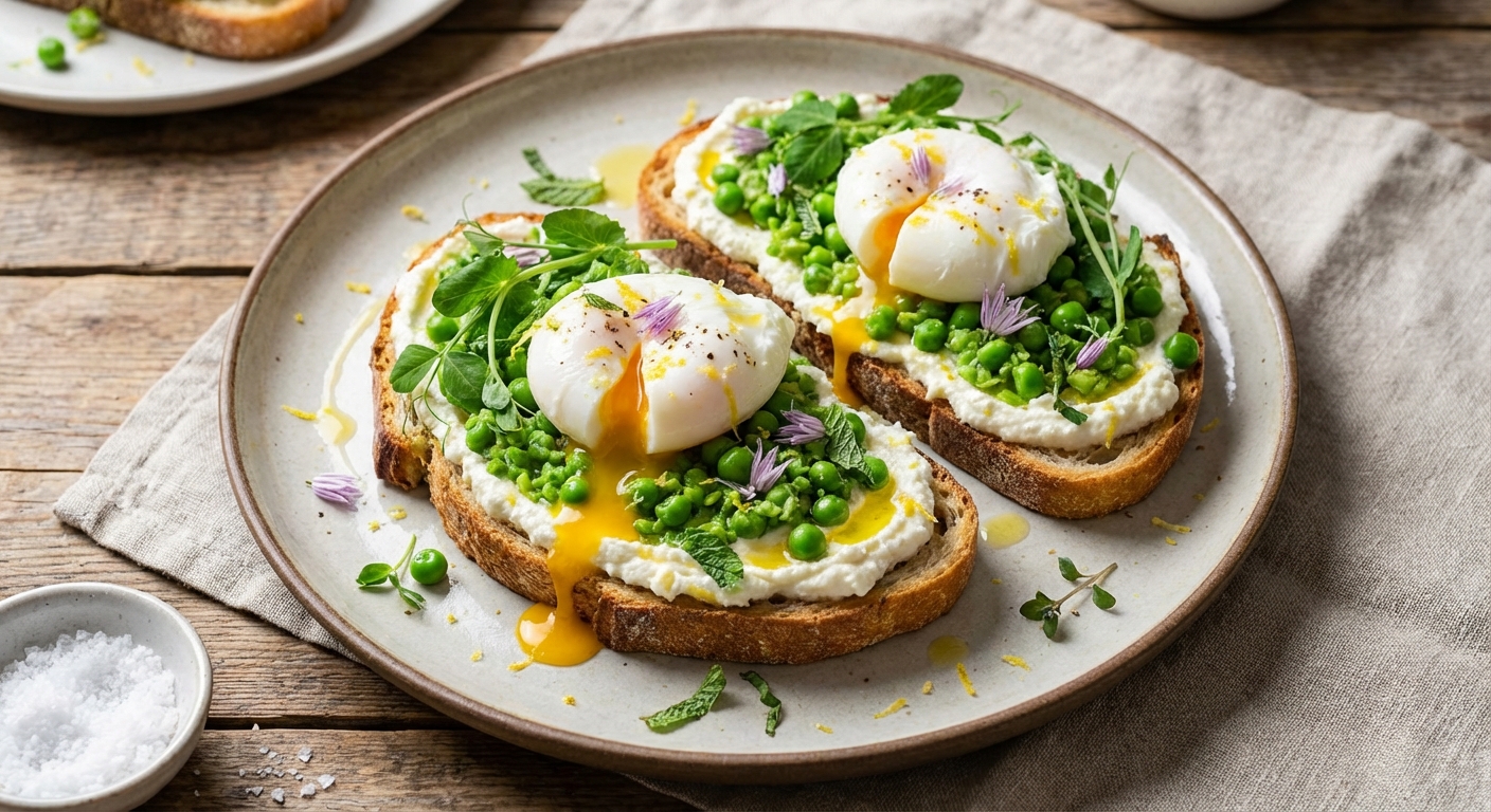 Lemon Ricotta & Spring Pea Toasts with Soft-Poached Egg, Mint & Chive