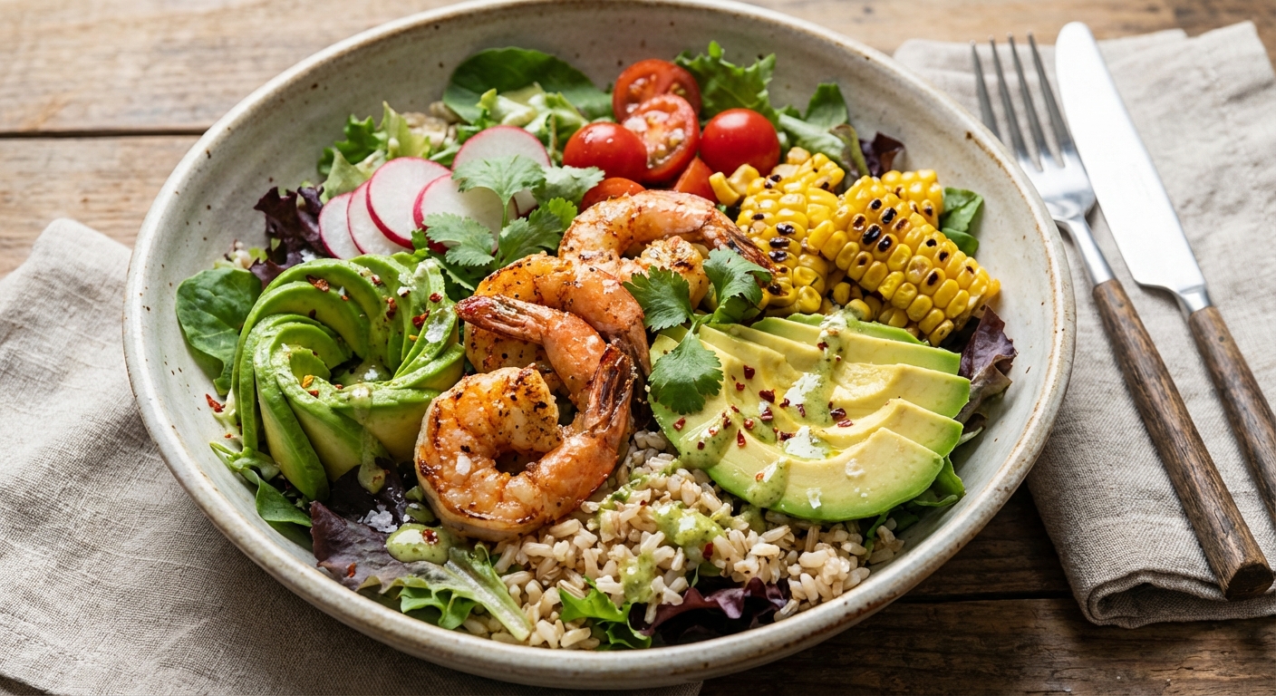 Garlic-Lime Shrimp & Avocado Salad with Brown Rice