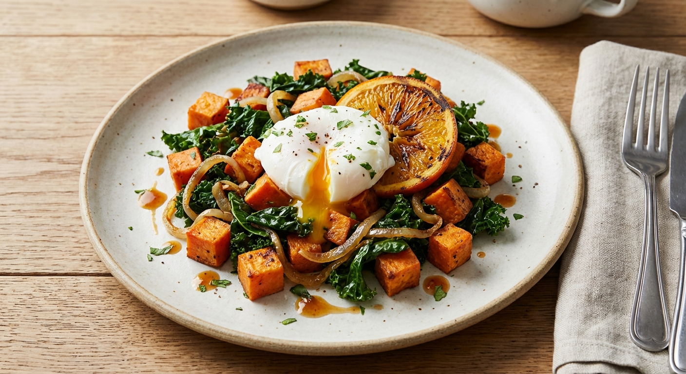 Sweet Potato & Kale Morning Hash with Poached Egg and Charred Orange