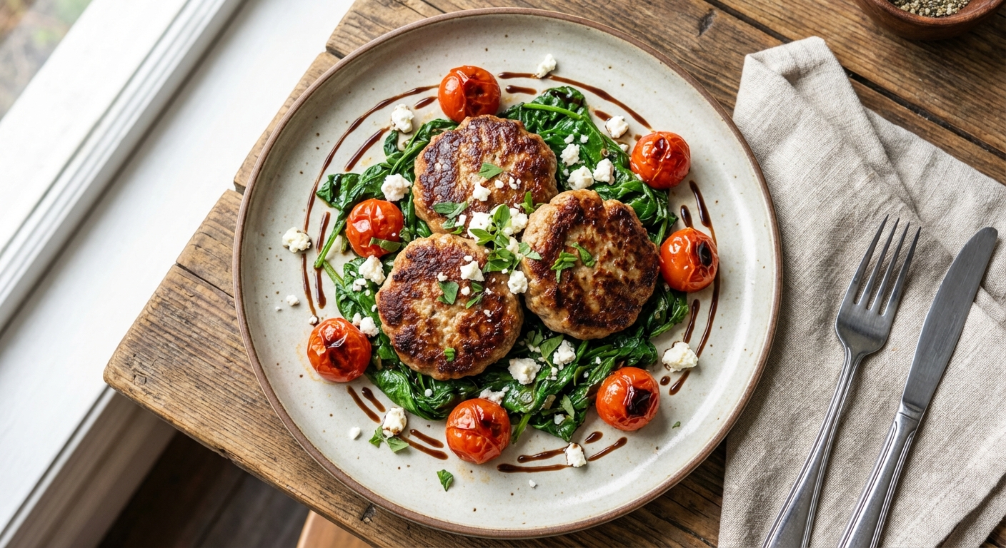 Turkey Sausage Patties with Sautéed Spinach & Roasted Cherry Tomatoes