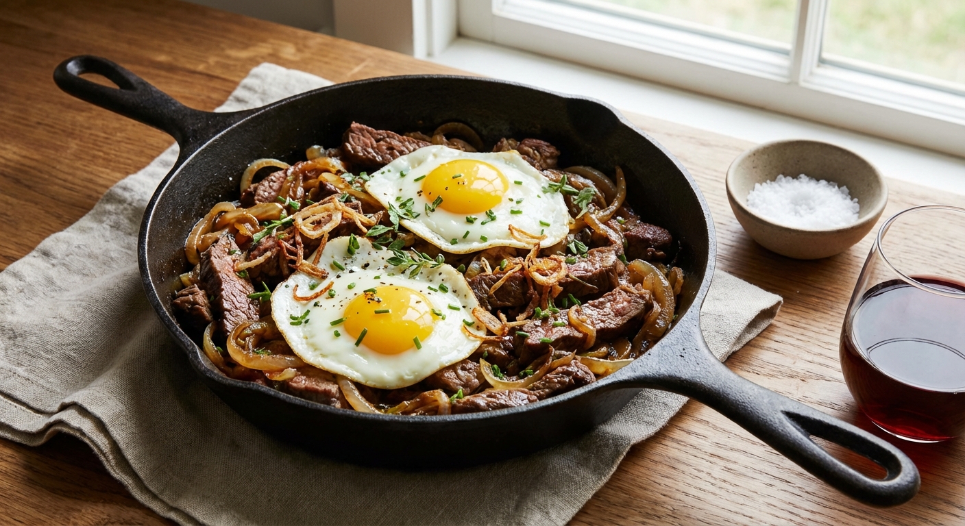 Bistro-Style Caramelized Onion Beef Skillet with Sunny Eggs