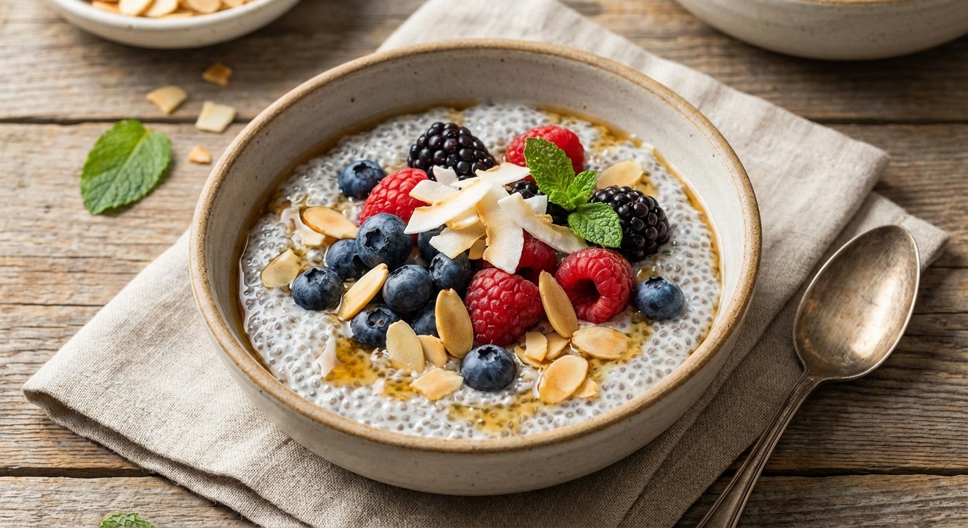 Coconut Chia Pudding with Berries & Toasted Almonds (Paleo)