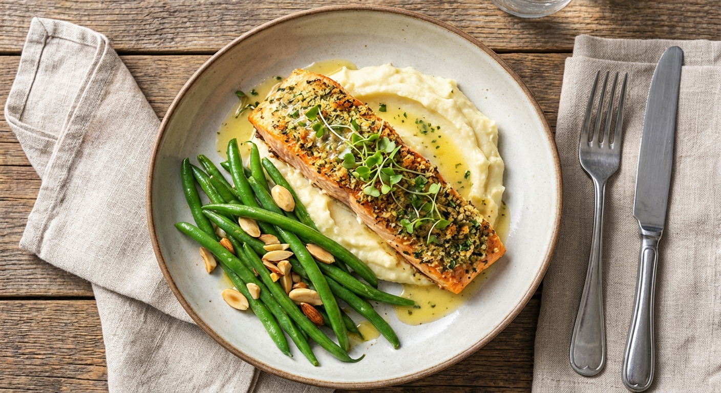 Baked Herb-Crusted Salmon with Garlic Mashed Potatoes and Steamed Green Beans
