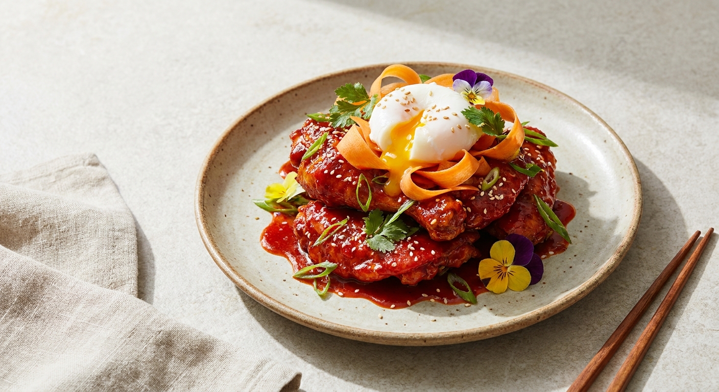 Korean Gochujang Chicken with Pickled Carrot Saengchae & Silky Poached Egg