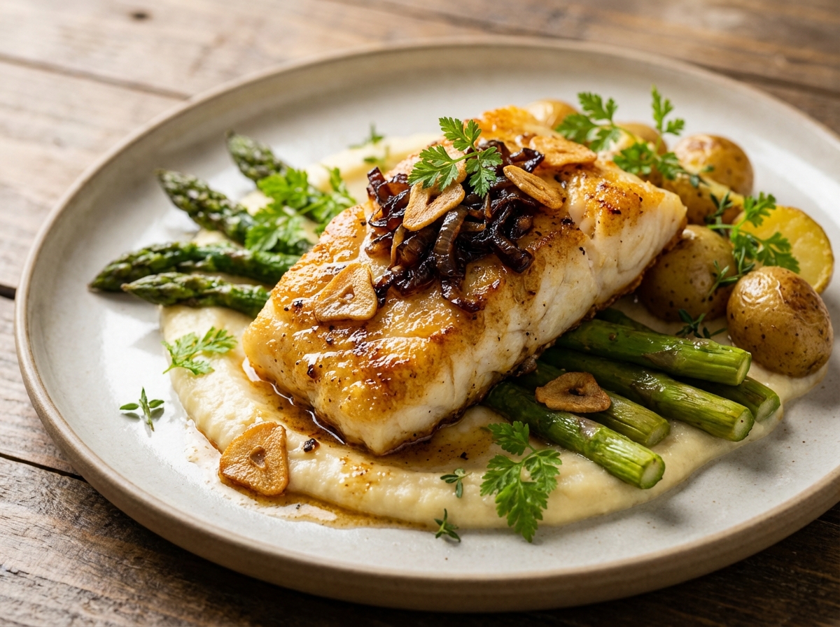 Pan-Seared Cod with Garlic Brown-Butter and Caramelized Onion