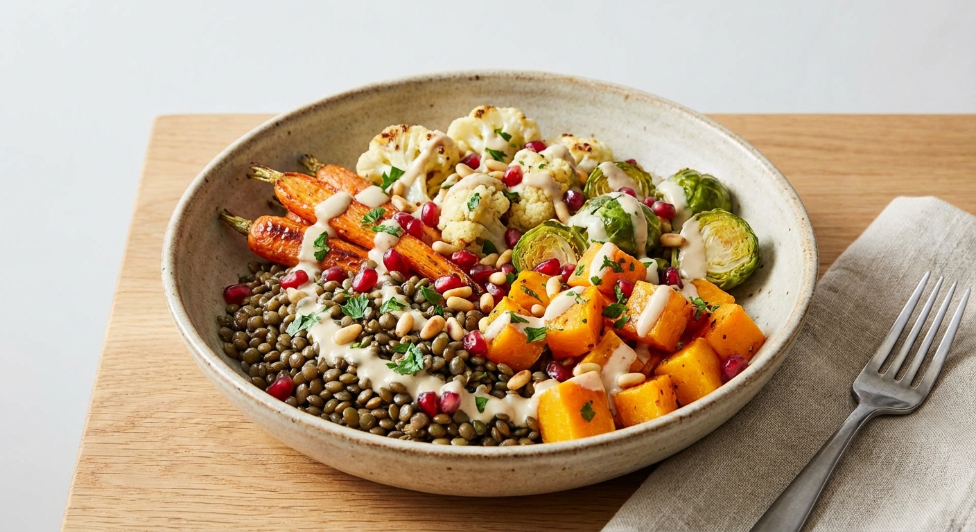 Warm Lentil & Roasted Vegetable Bowl with Tahini Dressing