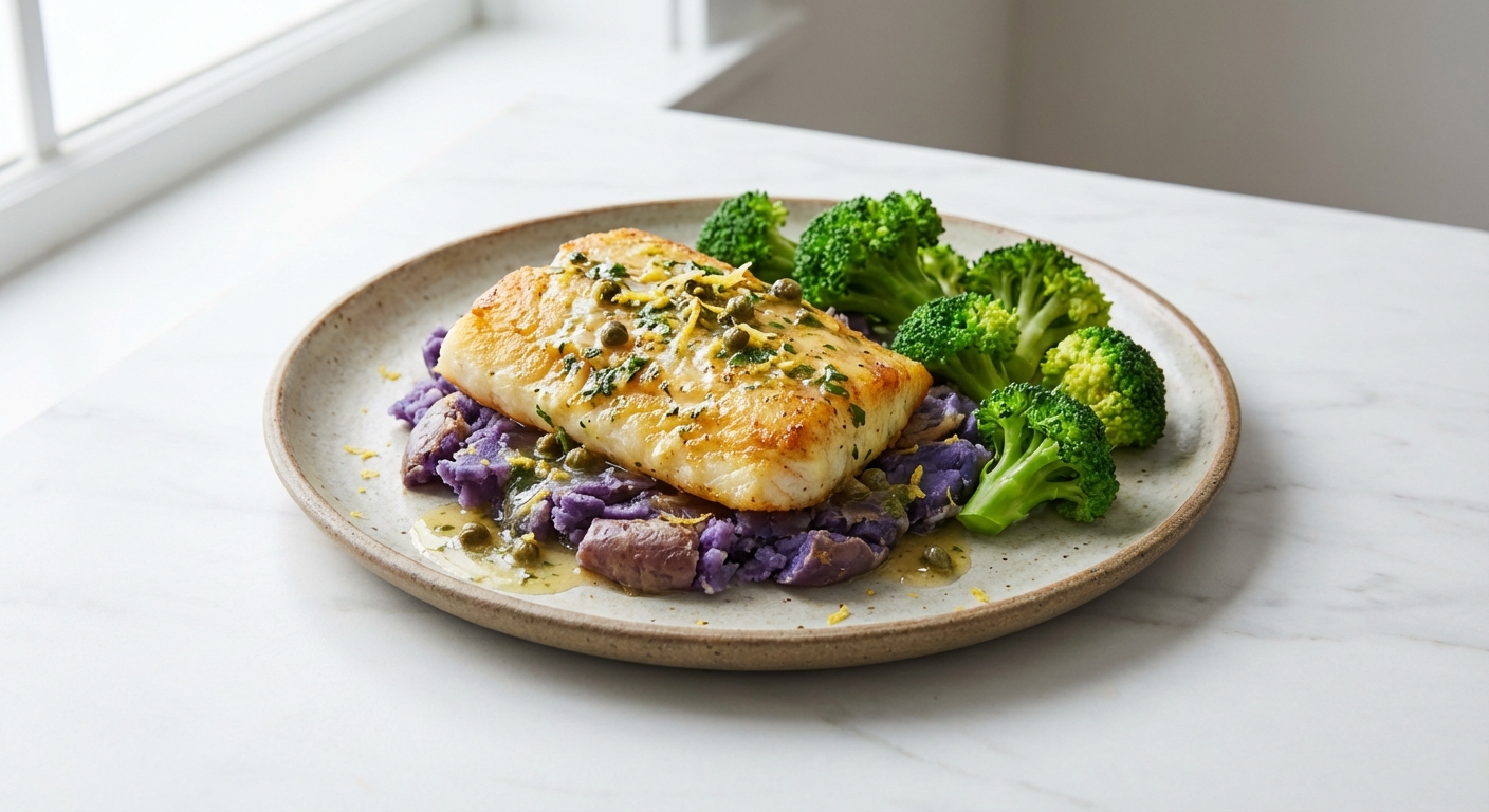 Pan-Fried Lemon-Caper Cod with Quick Smashed Purple Potatoes & Blanched Broccoli