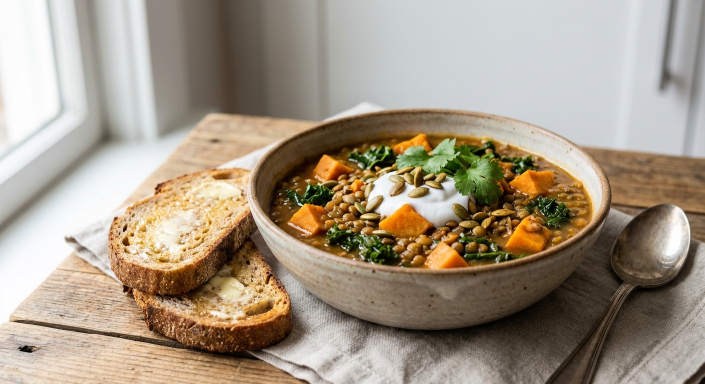 Hearty Lentil & Sweet Potato Stew with Toasted Whole-Wheat Bread