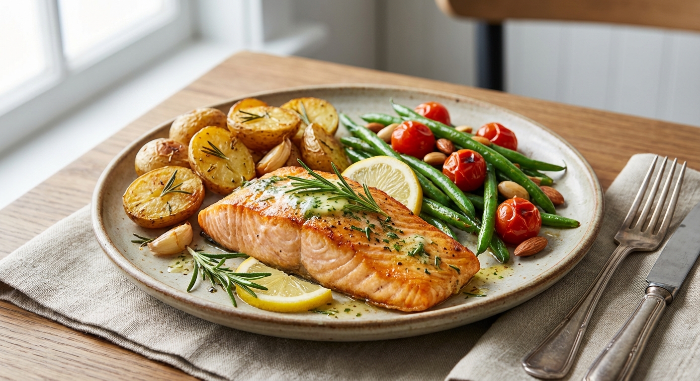 Baked Salmon with Garlic-Rosemary Potatoes & Sautéed Green Beans