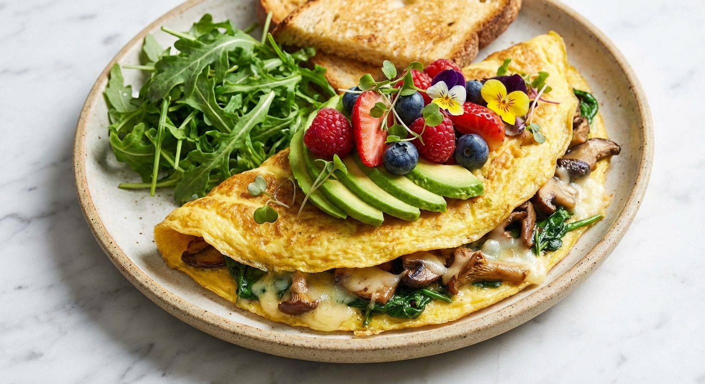 Spinach & Mushroom Omelette with Avocado and Berries