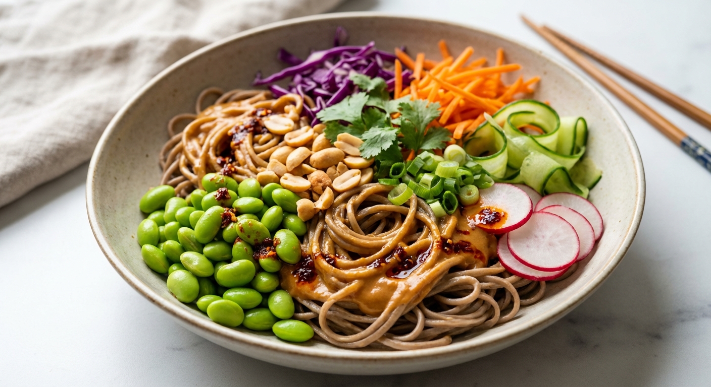 Spicy Peanut Soba Noodle Salad with Edamame