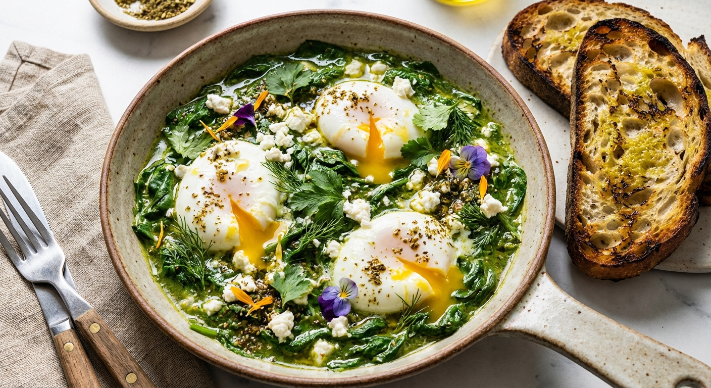 Spring Herb Shakshuka with Lemon-Olive Sourdough Toast