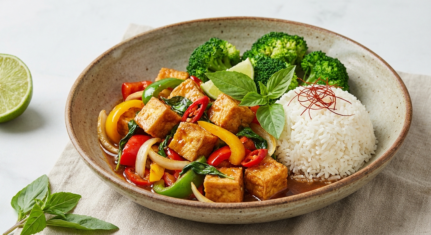 Thai Basil Tofu Stir-Fry with Jasmine Rice & Steamed Broccoli