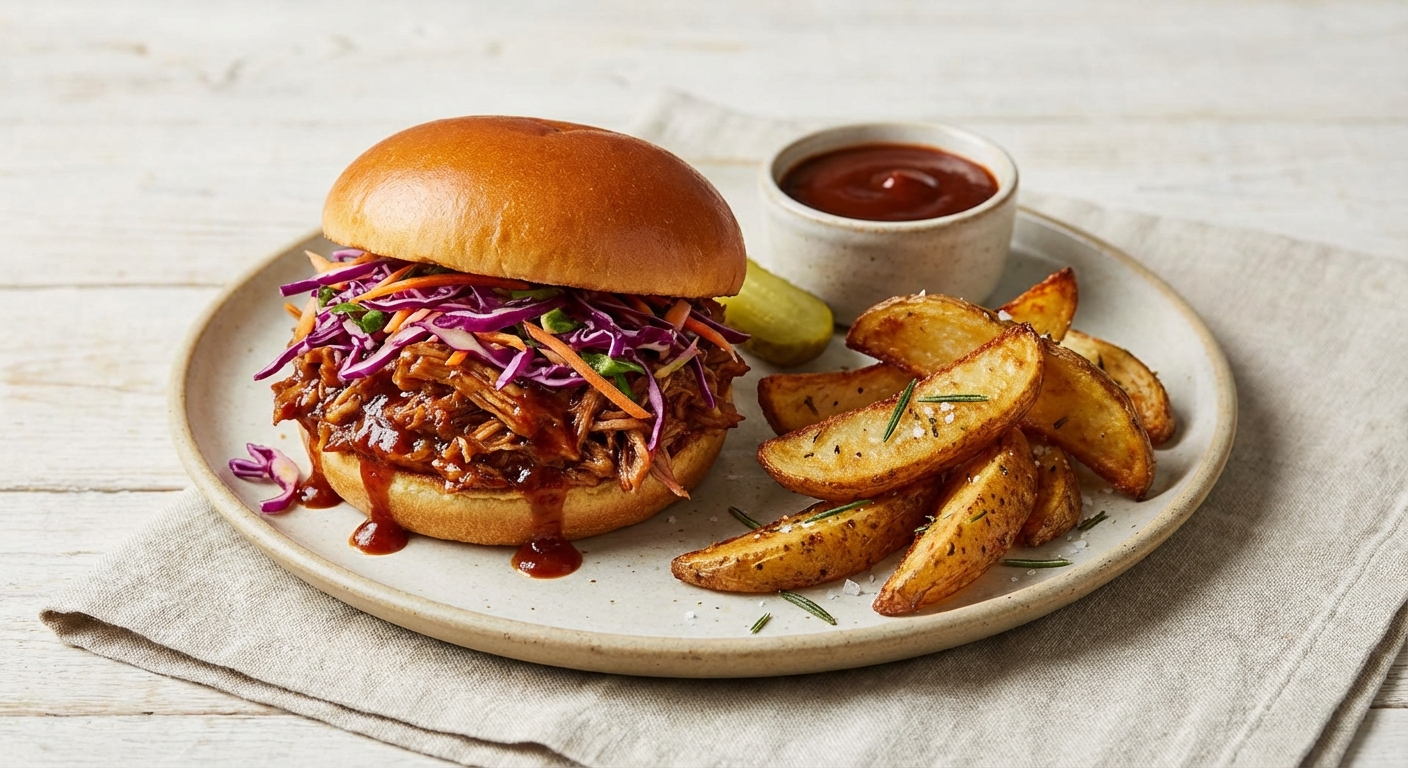 Smoky BBQ Pulled Pork Sandwich with Red Cabbage Slaw & Rosemary Potato Wedges