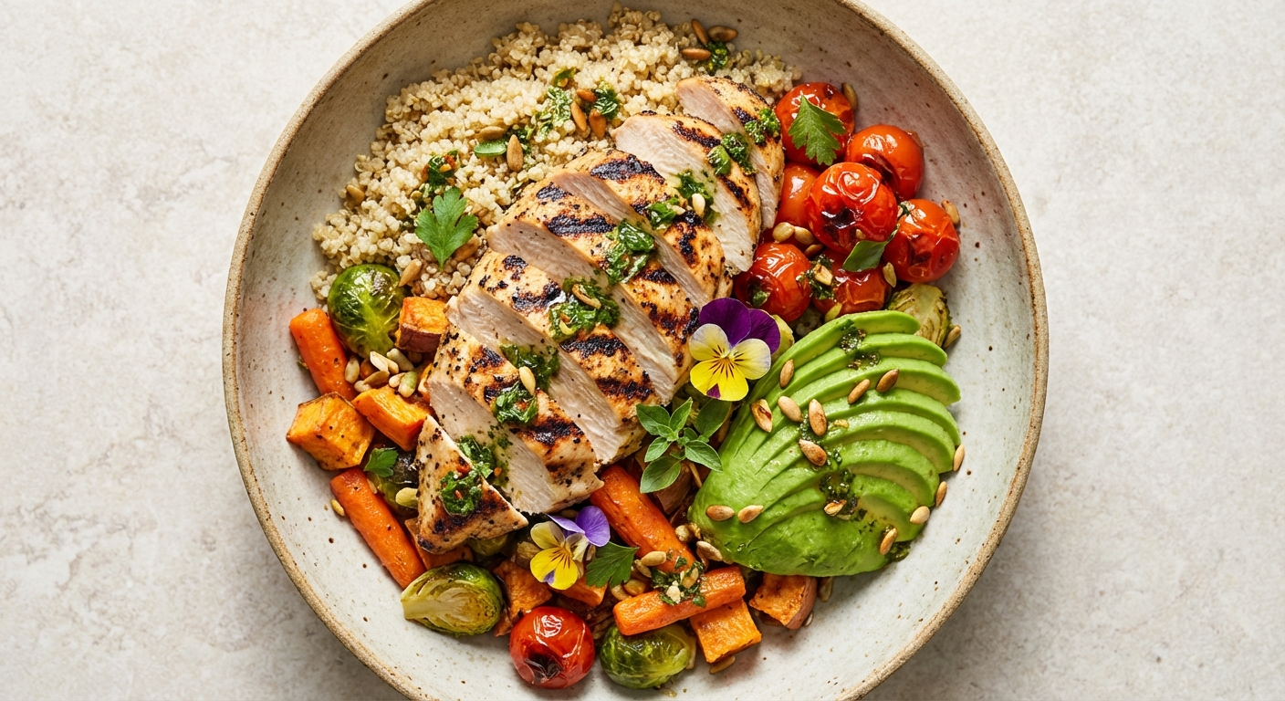 Grilled Chicken & Quinoa Salad with Roasted Veggies & Avocado