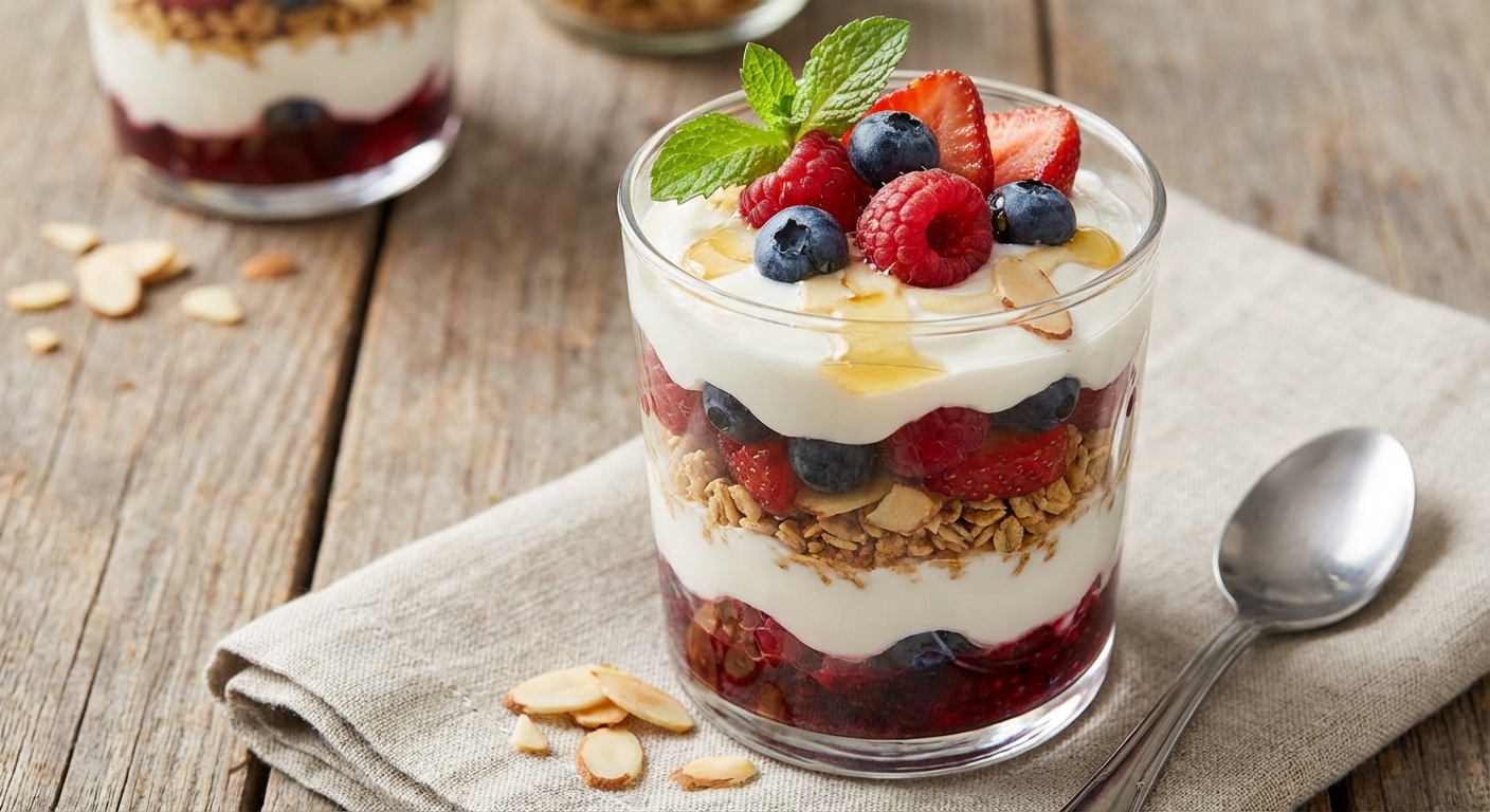 Greek Yogurt Berry Parfait with Granola & Almonds