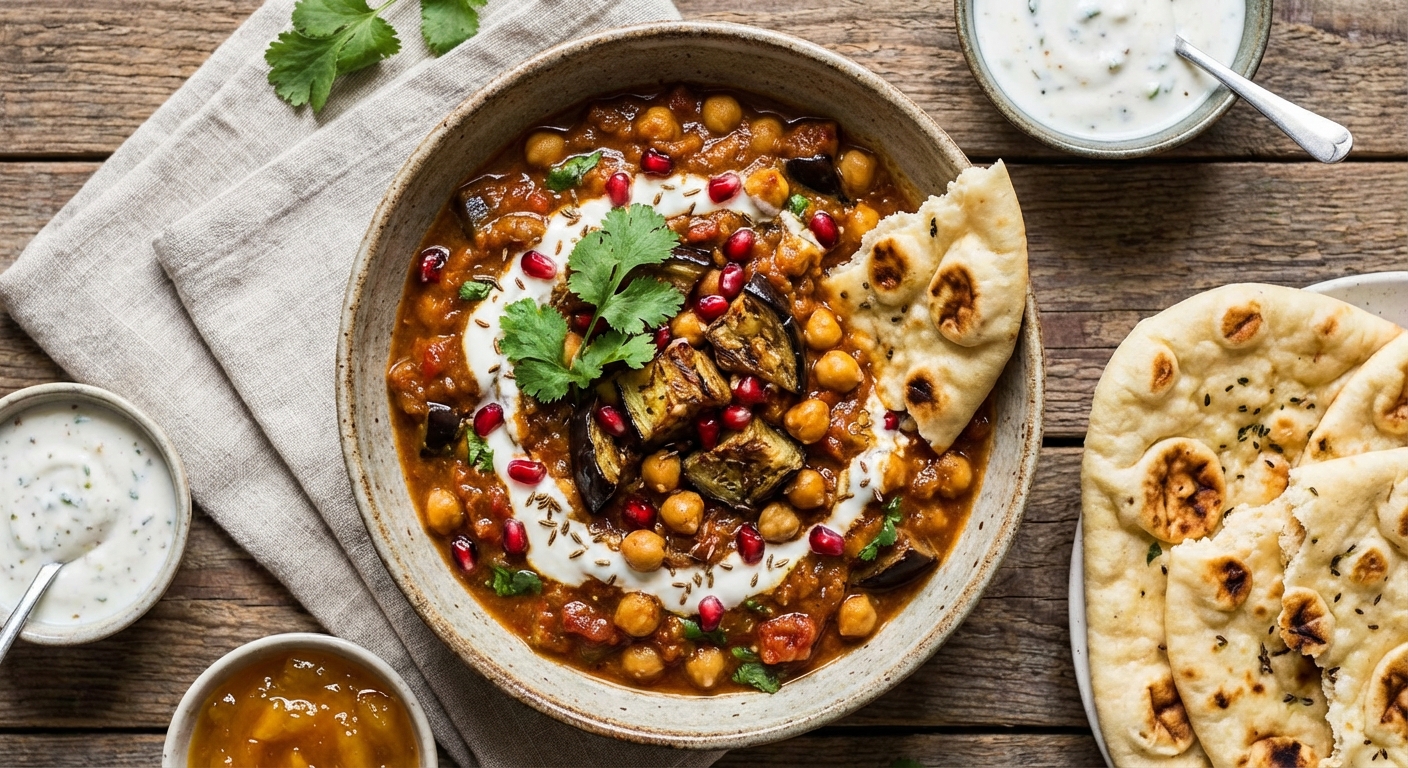 Eggplant & Chickpea Curry with Naan